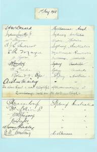 1921 AUSTRALIAN TEAM, register sheet from Queensborough Hall, London, with 16 16 signatures - Ted McDonald, Sydney Smith (manager), Bill Ferguson (scorer), Tommy Andrews, Edgar Mayne, Jack Ryder, Stork Hendry, Hanson Carter, Roland Pope (1 Test 1885), Art