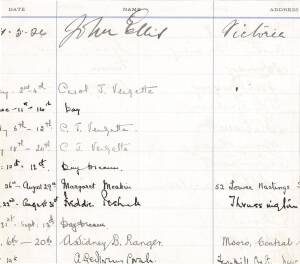 1926 AUSTRALIAN TEAM, hotel register with 12 signatures - Herbie Collins (captain), Arthur Mailey, Hunter Hendry, Jack Gregory, Tommy Andrews, Sam Everett, Warren Bardsley, Clarrie Grimmett, Arthur Richardson, Bill Ponsford, Charlie Macartney & Johnny Tay