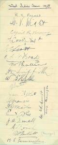 1928 WEST INDIES TEAM (the year West Indies were granted full Test status), autograph page with 17 signatures, including Karl Nunes (captain), Learie Constantine, Herman Griffith & Snuffy Browne. Very scarce.