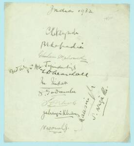 1932 INDIA TEAM TO ENGLAND, autograph page with 13 signatures including C.K.Nayudu (captain), Naoomal Jaoomal, Syed Wazir Ali & Jahangir Khan.