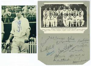 1935 South Africa team, autograph page with 14 signatures including Dudley Nourse, Herbert Wade & Alex Bell; together with postcard "South African Cricket Team in England 1935" & signed photograph of Bruce Mitchell.