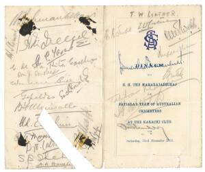 1935-36 AUSTRALIAN TOUR TO INDIA & CEYLON, menu "Dinner to H.H.The Maharajadhiraj of Patiala's Team of Australian Cricketers at the Karachi Club on Saturday 23rd November 1935", small piece cut from reverse, but includes c68 signatures; plus team photo si