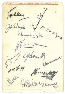 1936-37 ENGLAND TEAM TO AUSTRALIA, autograph page with 14 signatures including Gubby Allen (captain), R.E.S.Wyatt & Bill Voce; plus team picture with 6 signatures.