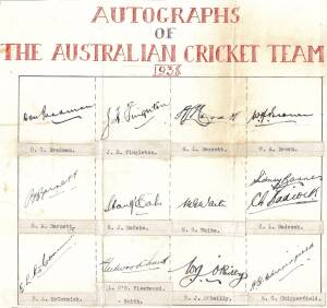 1938 AUSTRALIAN TEAM, page headed "Autographs of The Australian Cricket Team, 1938", with 13 signatures including Don Bradman, Sidney Barnes (scarce), Lindsay Hassett & Bill Brown. Together with postcard "Australian Team 1938".