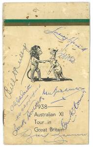1938 AUSTRALIAN TEAM, itinerary "1938- Australian XI Tour in... Great Britain", with 9 signatures on front cover including Don Bradman, Lindsay Hassett & Bill O'Reilly. Covers with some soiling. Together with 3 signed photographs - Don Bradman; Bill O'Rei