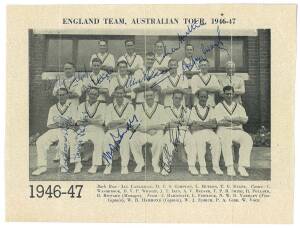 1946-47 England Team to Australia, team picture with 9 signatures including Norm Yardley, Len Hutton & Alec Bedser.