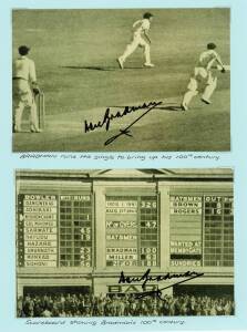 1947-48 AUSTRALIAN TEAM, 1st Test v India, autograph page with 12 signatures including Don Bradman, Ray Lindwall & Lindsay Hassett. Together with two photographs of Bradman's 100th Century signed by Don Bradman.