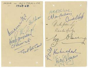 1947-48 Indian Team to Australia, autograph pages (2) with 15 signatures including L.Armanath, Vijay Hazare, C.T.Sarwate, also Bill O'Reilly & Duleepsinhji; on reverse of pages 6 South Australia & 4 Western Australia players including Keith Carmody & John