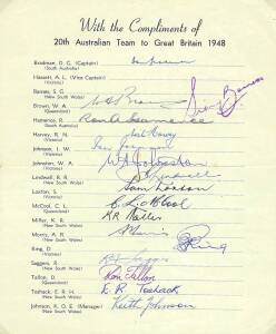 1948 AUSTRALIAN TEAM, official team sheet with 16 signatures including Don Bradman, Lindsay Hassett & Bill Johnston; plus the usual handstamp of Sidney Barnes. Together with 1981 signed hand-written letter by Don Bradman; plus signed photographs/pictures 