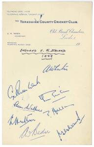 1949 England team v New Zealand, "Yorkshire County Cricket Club" letterhead with 8 signatures including Len Hutton, Alec Bedser & Eric Hollies (who famously bowled Bradman for a duck in his last Test innings).