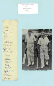 1949 New Zealand team to England, autograph page with 16 signatures including Walter Hadlee (captain), Martin Donnelly & Merv Wallace; plus photograph signed Geoff Rabone & Bert Sutcliffe.