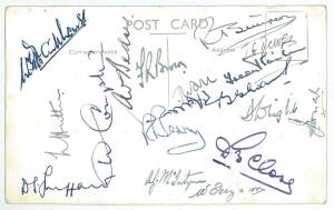 1950-51 England Team to Australia, postcard of P&O "Strathdean", signed on reverse with 18 signatures including Freddie Brown (captain), Len Hutton, Denis Compton & Alec Bedser.