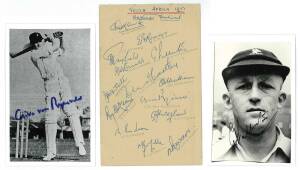 1951 South Africa Team to England, autograph page with 14 signatures including Dudley Nourse, Eric Rowan & Cuan McCarthy; plus signed photographs of George Fullerton & Clive van Ryneveld.