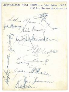 1951-52 Australian Team, 4th Test v West Indies, autograph page with 12 signatures including Lindsay Hassett, Arthur Morris & Ray Lindwall.