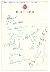 1951-52 West Indies Team to Australia, autograph page with 15 signatures including Frank Worrell, Everton Weekes & John Goddard; plus pages from "Official souvenir Programme, West Indies visit to Tasmania" with 19 signatures.