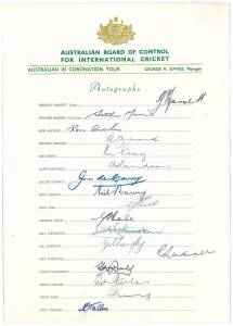 1953 Australian Team, official team sheet with 17 signatures including Lindsay Hassett (captain), Arthur Morris, Richie Benaud & Ray Lindwall. Together with signed photographs (6) & signed scorecards (3).