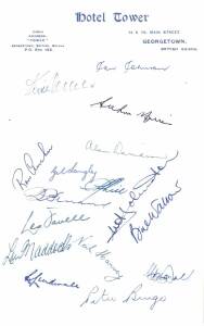 1955 Australian Team to West Indies, "Hotel Tower" (Georgetown, British Guiana) letterhead with 16 signatures including Ian Johnson (captain), Keith Miller, Neil Harvey & Ray Lindwall. Together with photo signed Ian Johnson & unsigned team photograph.