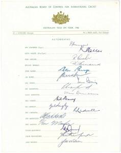 1956 Australian Team, official team sheet with 17 signatures including Ian Johnson (captain), Keith Miller, Richie Benaud, Neil Harvey & Ray Lindwall. Together with postcard "Australian Cricket Team, 1956" signed by Ian Craig; & 2 signed photographs.