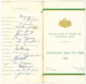 1956 Australian Team, itinerary "Australian Team on Tour 1956" with 17 signatures including Ian Johnson (captain), Keith Miller, Richie Benaud, Neil Harvey & Ray Lindwall. Together with 10 signed photographs.