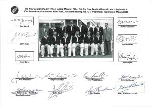 1956 New Zealand team v West Indies (first NZ team to win a test match), team sheet from 50th anniversary with 9 signatures & 5 facsimile autographs.