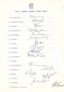 1956-57 England Team to South Africa, official team sheet with 16 signatures including Peter May (captain), Doug Insole & Colin Cowdrey. Good condition.