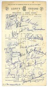 WEST INDIES: 1957 Middlesex v West Indies scorecard with 17 signatures; page with 10 signatures laid down; 1966 tour to England, autograph page with 15 signatures including Gary Sobers, Lance Gibbs & Rohan Kanhai; plus 9 signed photographs.