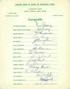 1957-58 Australian Team to South Africa, official team sheet with 16 signatures including Ian Craig (captain), Neil Harvey, Richie Benaud & Wally Grout. Good condition. Scarce.