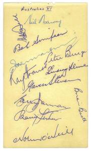 1958-59 Australian XI Team, autograph page with 12 ink signatures including Neil Harvey, Bob Simpson & Ray Straus.