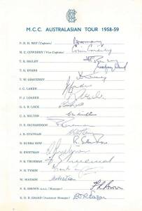 1958-59 England Team, official team sheet with 18 signatures including Peter May, Colin Cowdrey & Jim Laker. Together with MCC Christmas Card signed by Peter May.