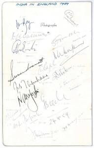 1959 Indian Team to England, menu "Indian Gymkhana Club, Dinner, in honour of The Touring Indian Cricket Team... Osterley, Middx", with 17 signatures including D.K.Gaekwad (captain), A.L.Apte & C.G.Borde. Folded, otherwise fine condition. Together with si