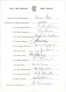 1960-61 England Team to New Zealand, official team sheet with 15 signatures including Dennis Silk, W.Watson & D.A.Allen. Fine condition.