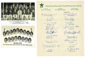 1960-61 Pakistan team to India, official team sheet with 18 signatures including Fazal Mahmood (captain), Hanif Mohammad & Saeed Ahmad; together with two postcards from 1958 first Pakistan tour to West Indies.