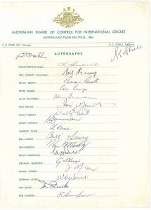 1961 Australian Team, official team sheet with 19 signatures including Richie Benaud (captain), Neil Harvey, Graham McKenzie & Bob Simpson. Together with 9 signed photographs.