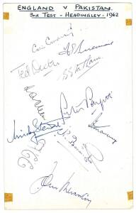 ENGLAND: 1962 autograph page 3rd Test v Pakistan with 11 signatures; plus team sheets for 1962-63 to NZ (some ageing), 1964-65 to South Africa & 1965-66 to Australia. (4 items).