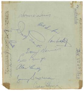 1963-64 Australian Team for 1st Test v South Africa at Brisbane, autograph page with 11 signatures including Richie Benaud, Ian Meckiff (no balled for chucking) & Bob Simpson. Some tape staining at edges. Together with photo signed by Brian Booth.