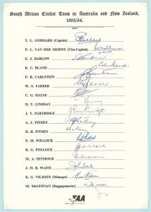 1963-64 South African tour of Australia & NZ, official team sheet with 17 signatures including Trevor Goddard, Eddie Barlow & Peter Pollock; plus 15 signed photographs.