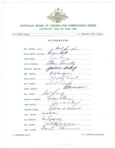 1964 Australian Team, official team sheet with 17 signatures including Bob Simpson, Brian Booth, Tom Veivers, Bill Lawry & Graham McKenzie. Fine condition. Ex Jack Potter collection.