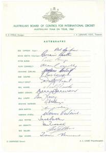 1964 Australian Team, official team sheet with 17 signatures including Bob Simpson, Brian Booth, Tom Veivers, Bill Lawry & Jack Potter. (Sheet with corner fault). Together with 6 signed photographs.