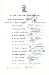 1965 New Zealand Team to India, Pakistan & the UK, official team sheet with 16 signatures including John Reid (captain), Graham dowling & Bert Sutcliffe; plus 9 signed photographs.