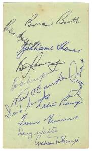 1965-66 Australia Team, 3rd Test v England at SCG, autograph page with 12 ink signatures, including Brian Booth, Grahame Thomas & Neil Hawke.