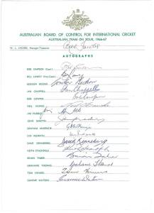 1966-67 Australian Team, official team sheet with 16 signatures including Bob Simpson, Bill Lawry, Ian Chappell, Graham McKenzie, Keith Stackpole & Tom Veivers. Together with 2 signed photographs.