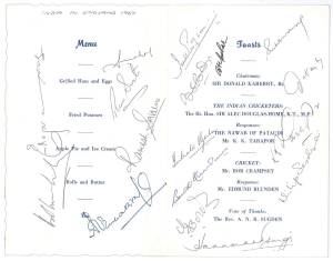 1967 Indian Team to England, menu "The Northern Cricket Society, Honours, The Indian Cricketers, at the Guildford Hotel Leeds", with 17 signatures including Nawab of Pataudi, Farokh Engineer & B.S.Bedi. Scarce.