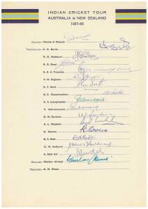 1967-68 India tour of Australia & NZ, official team sheet with 17 signatures including Nawab of Pataudi (captain), Farouk Engineer & B.S.Chandrasekhar; plus 3 signed photographs.
