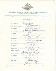 1968 Australian Team, official team sheet with 17 signatures, noted Bill Lawry, Barry Jarman & Ian Chappell. Together with 20 signed photographs.