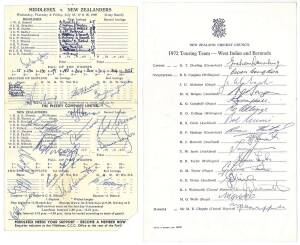 NEW ZEALAND: Group with 1969 tour to England signed scorecard; team sheets (3) for 1972 tour to West Indies & Bermuda, 1973 tour to UK, 1974 tour to Australia; plus 50 signed photographs.