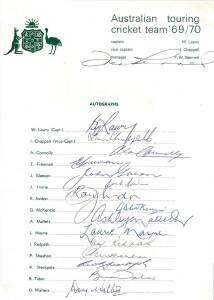 1969-70 Australian Team, official team sheet with 16 signatures including Bill Lawry, Ian Chappell, Graham McKenzie, Doug Walters & Alan Connolly. Together with signed photo of Bill Lawry.