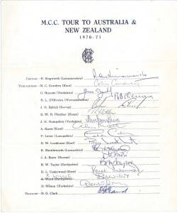 1970-71 England Team to Australia & NZ, official team sheet with 17 signatures including Ray Illingworth (captain), Colin Cowdrey, Basil D'Oliveira & Geoff Boycott. Together with 10 signed photographs.