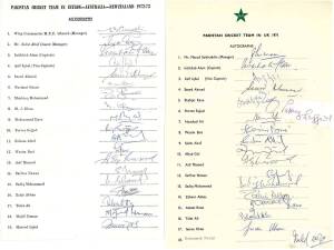 PAKISTAN: Team sheets (2) for 1971 tour to UK; 1972-73 tour to Australia & NZ; plus 11 signed photographs.