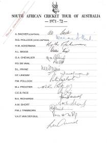 1971-72 SOUTH AFRICAN TEAM TO AUSTRALIA (Tour cancelled due to apartheid), team sheet with 16 signatures including Ali Bacher, Graeme Pollock, Barry Richards & Mike Proctor. Superb condition. {Scarce - Brian Bassano had 100 sheets made up}.