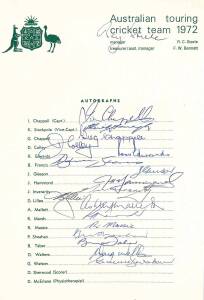 1972 Australian Team, official team sheet with 18 signatures including Ian Chappell (captain), Keith Stackpole, Greg Chappell, Graeme Watson & Dennis Lillee. Together with 8 signed photographs.